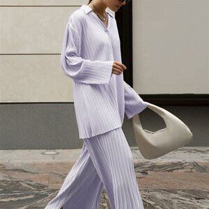Oversized Leisure Pleat Pockets Two Piece Pants Set - Light Purple